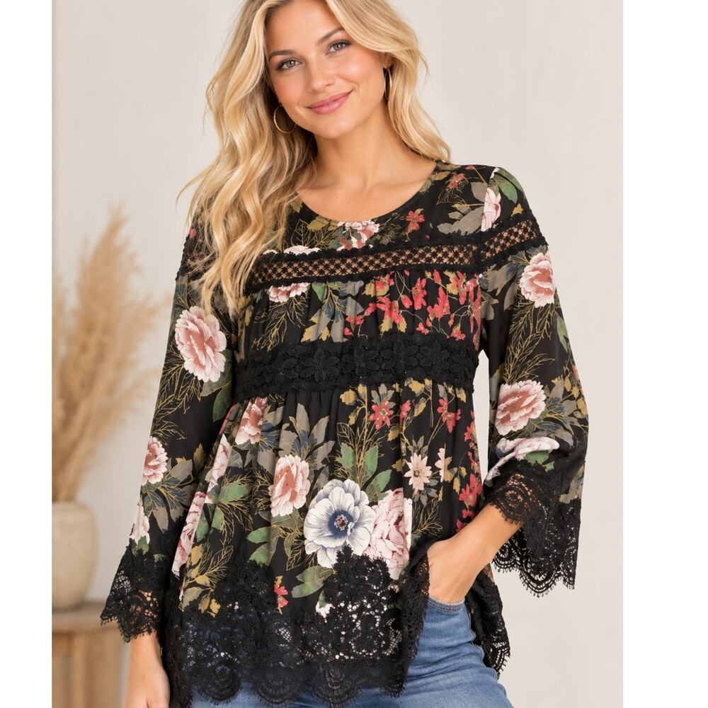 Miss Me Floral & Lace Top Womens Small Black Red Green Flowy Boho Blouse